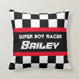 男の子のレーサーの赤く黒いチェック模様の旗の名前の枕 クッション