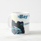 男の子のレーサー、(名前をここに加えて下さい) コーヒーマグカップ (正面左)