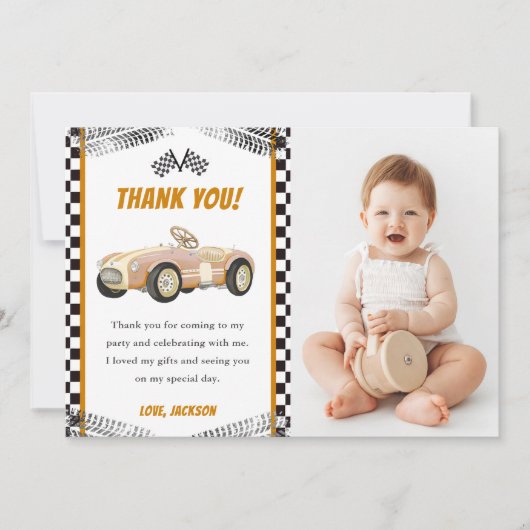 男の子のレーシングカーバースデーパーティー感謝カード 招待状 (正面)
