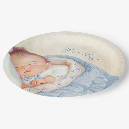 男の子のヴィンテージベビーシャワー ペーパープレート (アングル)