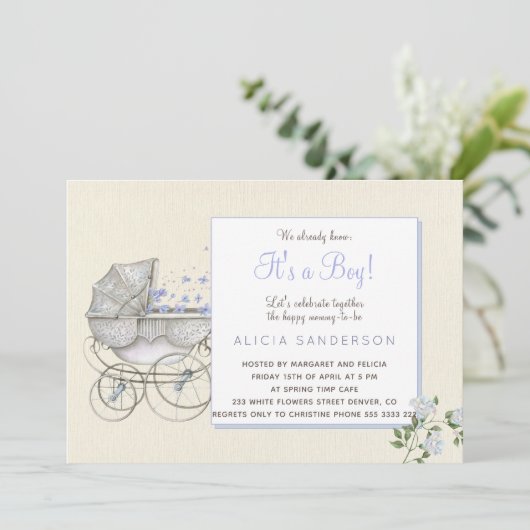 男の子のヴィンテージベビー車のシャワーパーティー 招待状 (スタンド正面)