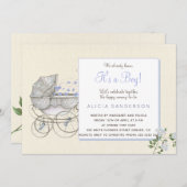 男の子のヴィンテージベビー車のシャワーパーティー 招待状 (正面/裏面)