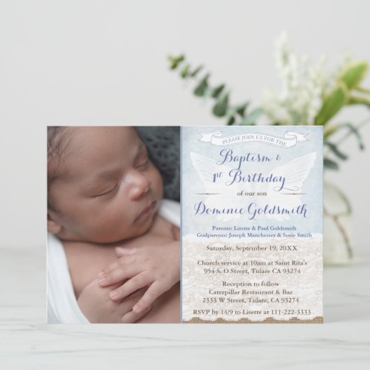 男の子のヴィンテージ写真1歳の誕生日バプテスマパーティー 招待状 (スタンド正面)