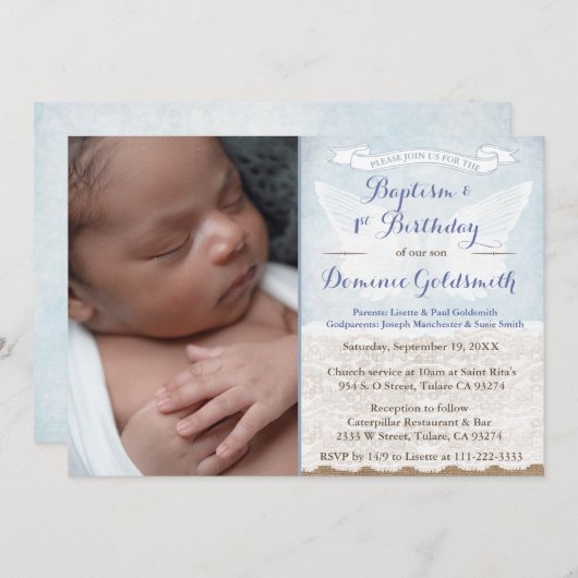男の子のヴィンテージ写真1歳の誕生日バプテスマパーティー 招待状 (正面/裏面)
