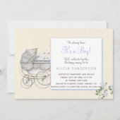 男の子のヴィンテージ ベビーカー シャワーパーティー 招待状 (正面)