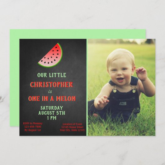 男の子の一人のメロンの最初の誕生日グリーン招待状 招待状 (正面/裏面)