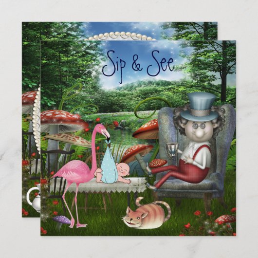 男の子の一口は及び帽子屋のお茶会のベビーシャワーを見ます 招待状 (正面/裏面)