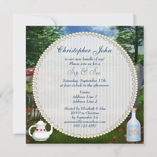 男の子の一口は及び帽子屋のお茶会のベビーシャワーを見ます 招待状 (裏面)