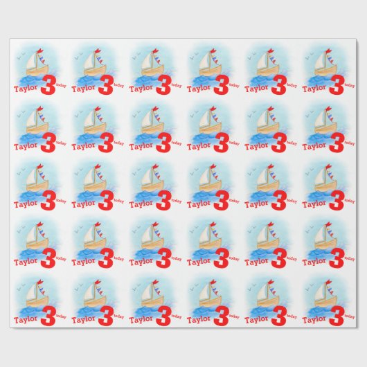 男の子の一流の年齢によって絵を描かれる帆ボートの誕生日の覆い ラッピングペーパー (フラット)
