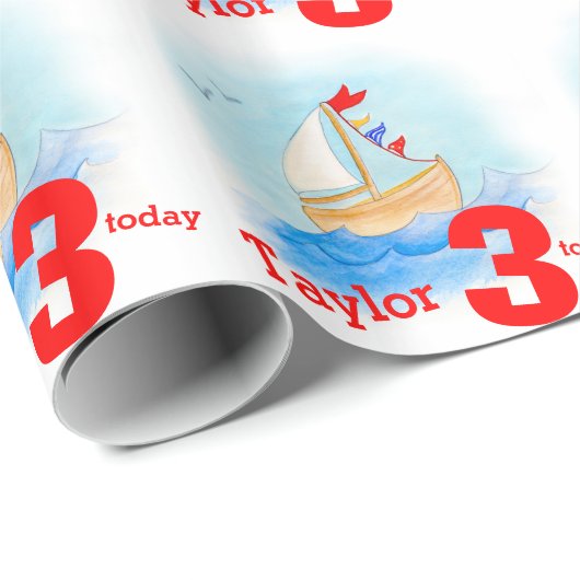 男の子の一流の年齢によって絵を描かれる帆ボートの誕生日の覆い ラッピングペーパー (ロールコーナー)