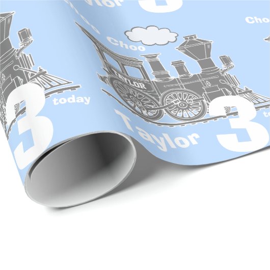 男の子の一流の年齢の列車の気違いのブルーグレーの誕生日 ラッピングペーパー (ロールコーナー)