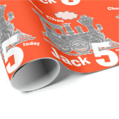 男の子の一流の年齢の列車の気違いの赤いオレンジ灰色の誕生日 ラッピングペーパー (ロールコーナー)