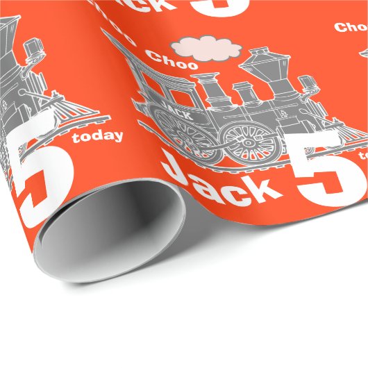 男の子の一流の年齢の列車の気違いの赤いオレンジ灰色の誕生日 ラッピングペーパー (ロールコーナー)