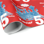 男の子の一流の年齢の列車の気違いの赤く青い誕生日 ラッピングペーパー (ロールコーナー)