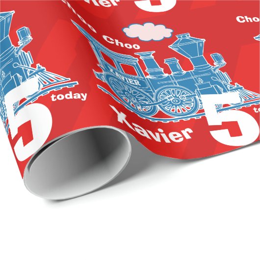 男の子の一流の年齢の列車の気違いの赤く青い誕生日 ラッピングペーパー (ロールコーナー)