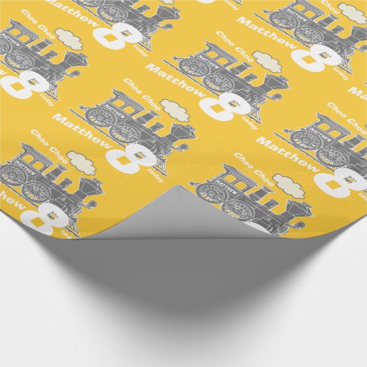 男の子の一流の年齢の列車の気違いの黄色の灰色の誕生日 ラッピングペーパー (角)