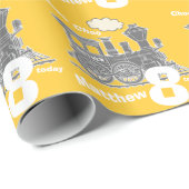 男の子の一流の年齢の列車の気違いの黄色の灰色の誕生日 ラッピングペーパー (ロールコーナー)