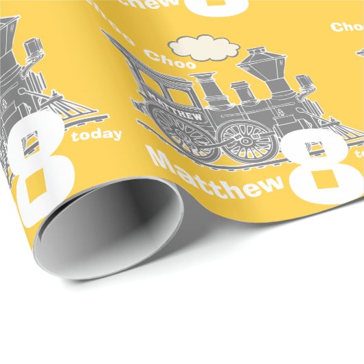 男の子の一流の年齢の列車の気違いの黄色の灰色の誕生日 ラッピングペーパー (ロールコーナー)