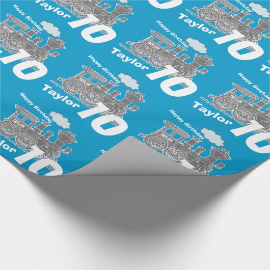 男の子の一流の年齢10の列車の気違いのブルーグレーの誕生日 ラッピングペーパー (角)