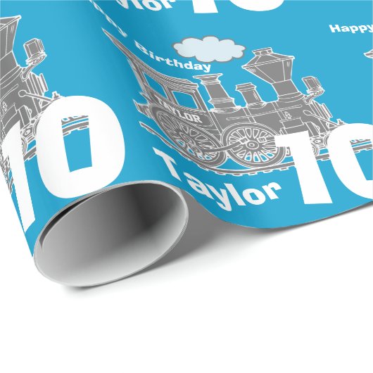 男の子の一流の年齢10の列車の気違いのブルーグレーの誕生日 ラッピングペーパー (ロールコーナー)