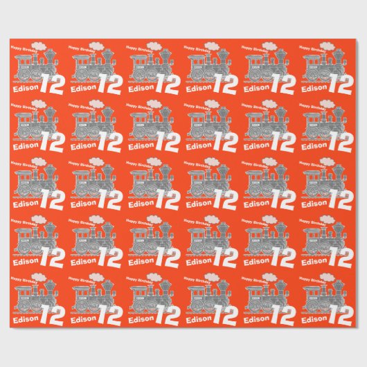 男の子の一流の年齢12の列車の気違いの赤い灰色の誕生日 ラッピングペーパー (フラット)