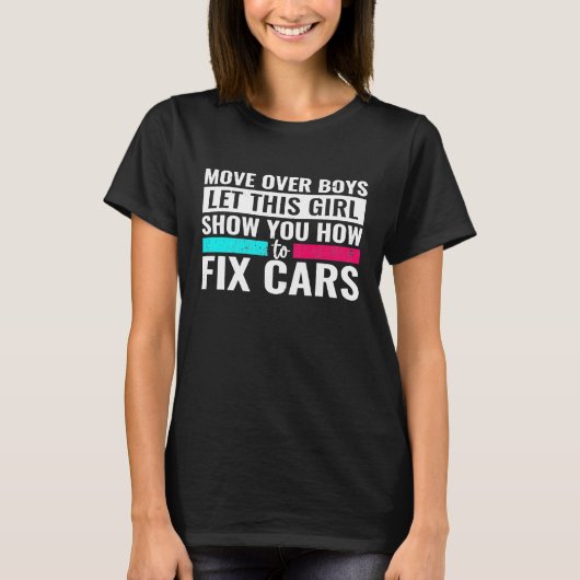 男の子の上に移動この女の子は車の固定の女の子を表示させる Tシャツ (正面)