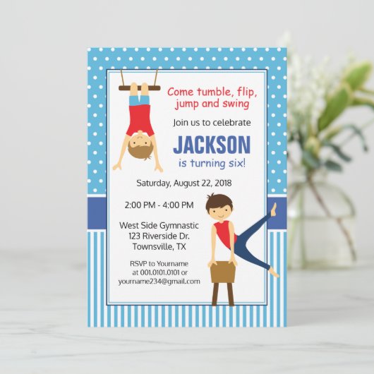 男の子の体操の誕生日のパーティの招待状 招待状 (スタンド正面)