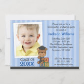 男の子の写真の卒業くまの青い縞 招待状 (正面)