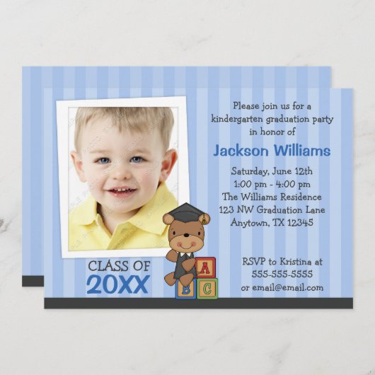 男の子の写真の卒業くまの青い縞 招待状 (正面/裏面)