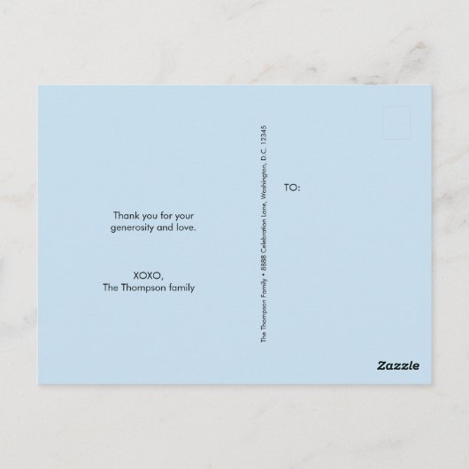 男の子の写真 青いベイビーシャワー 感謝 ポストカード (裏面)