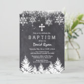 男の子の冬の休暇の雪の結晶 黒板 洗礼 招待状 (スタンド正面)