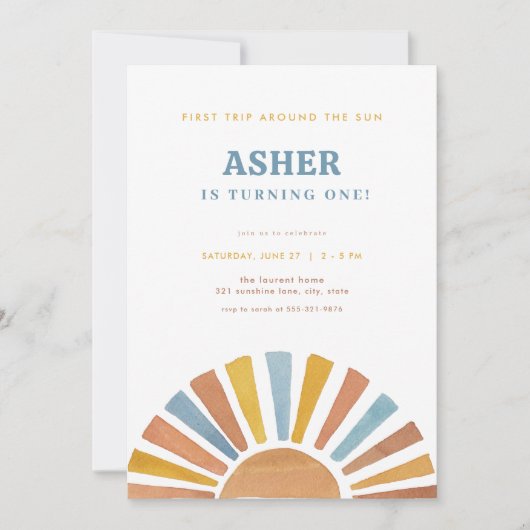 男の子の初めての太陽一周誕生日パーティーへの招待 招待状 (正面)