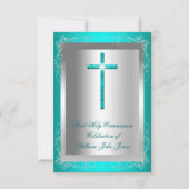 男の子の初めての聖体拝領 シルバー 翡翠 ティール 招待状 (正面)