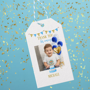 男の子の初めての誕生日写真 青い金色の風船 可愛い ギフトタグ