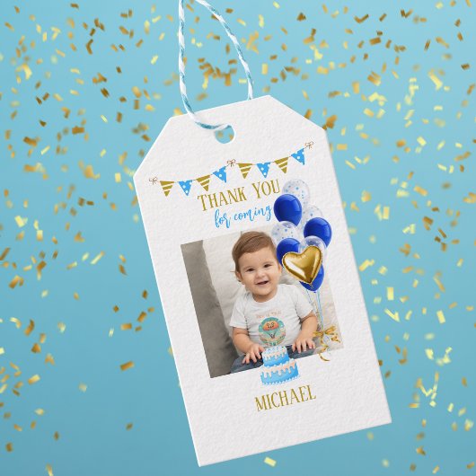 男の子の初めての誕生日写真 青い金色の風船 可愛い ギフトタグ