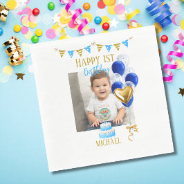 男の子の初めての誕生日写真 青 ゴールド風船 可愛い スタンダードランチョンナプキン
