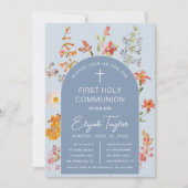 男の子の初聖体拝領  青いアーチの野生の花 花 招待状 (正面)
