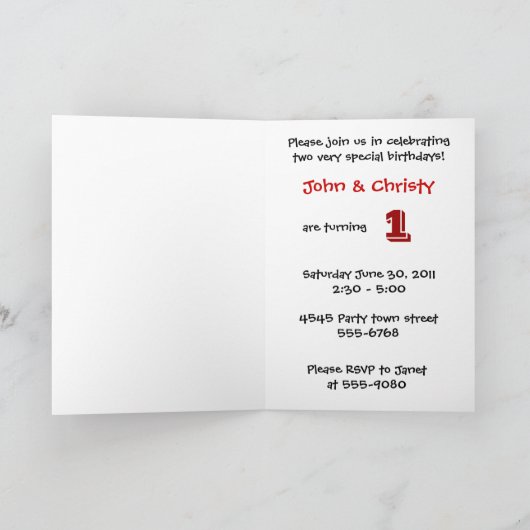 男の子の双子でお誕生日ケーキの招待状 招待状 (内部)