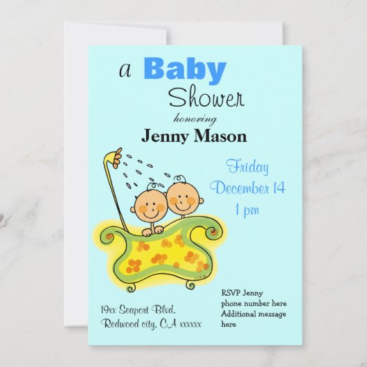 男の子の双子のベビーシャワー 招待状 (正面)