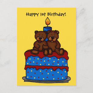 男の子の双子の男の子の誕生日ケーキ葉書 ポストカード