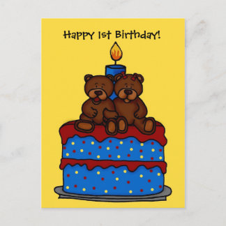 男の子の双子の男の子の誕生日ケーキ葉書 ポストカード