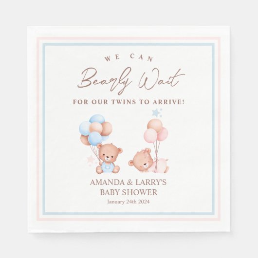 男の子の双子テディベア赤ちゃんシャワー スタンダードランチョンナプキン (正面)
