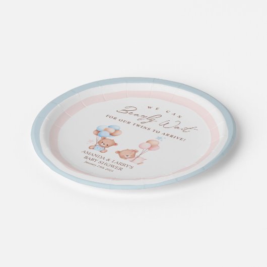 男の子の双子テディベア赤ちゃんシャワー ペーパープレート (アングル)