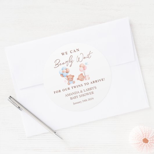 男の子の双子テディベア赤ちゃんシャワー ラウンドシール (封筒)