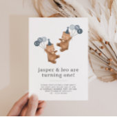 男の子の双子 - クマのパーティー帽 - 1歳の誕生日写真 招待状