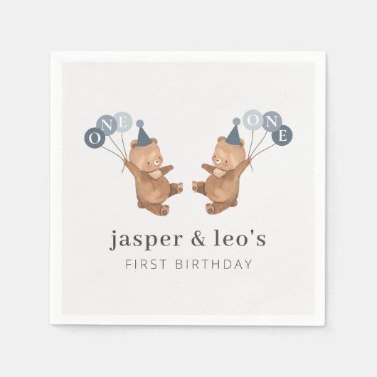 男の子の双子 – クマパーティー帽子 – 1歳の誕生日 スタンダードカクテルナプキン (正面)