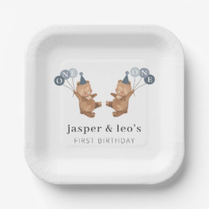 男の子の双子 – クマパーティー帽子 – 1歳の誕生日 ペーパープレート