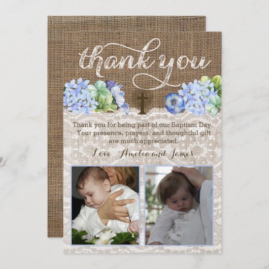 男の子の双生児の洗礼は2つの写真が付いているノート感謝していしています ノートカード (正面/裏面)