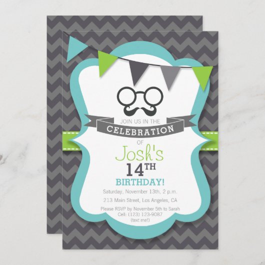 男の子の口ひげ誕生日パーティーへの招待 招待状 (正面/裏面)