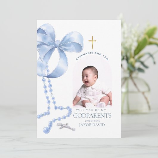 男の子の名付け親提案カード、青いリボン＆ロザリオカード 招待状 (スタンド正面)